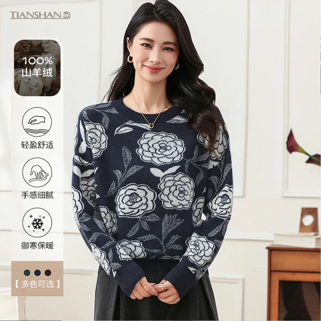 天山【100山羊绒】秋冬新款长袖圆领花纹休闲羊绒针织衫-YTNL5795T