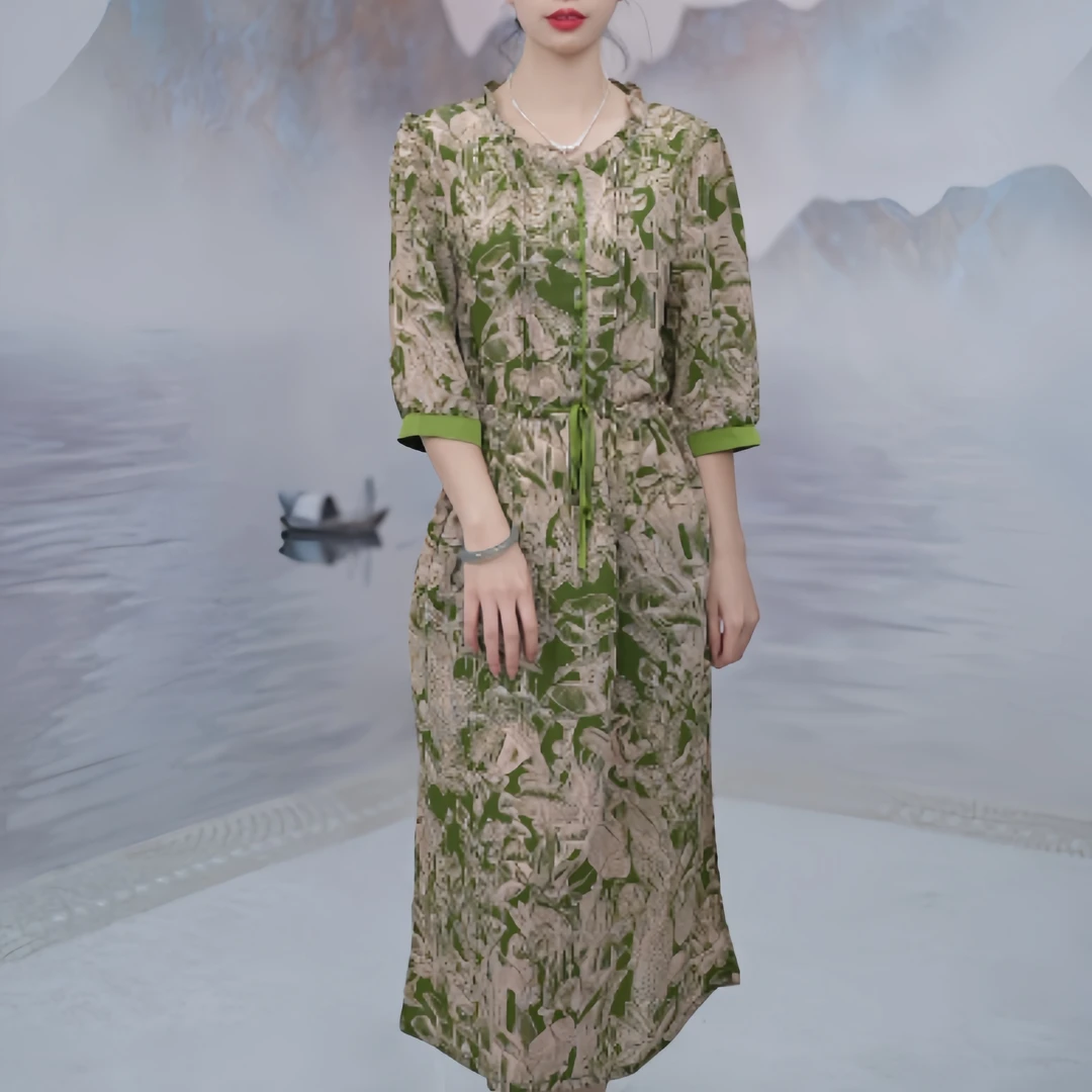 4067  新款时尚花边领复古休闲女士长裙显瘦气质国风连衣裙