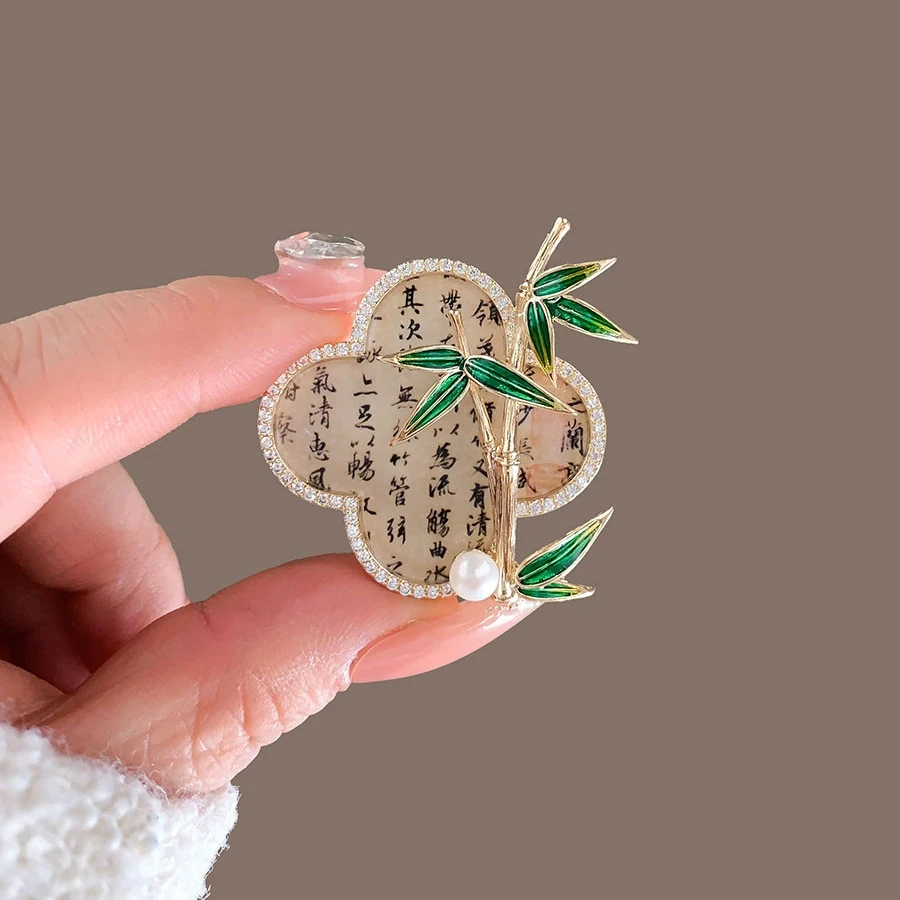 锌合金胸针 古风竹节水墨画胸针高级感复古四叶花朵胸花旗袍汉服