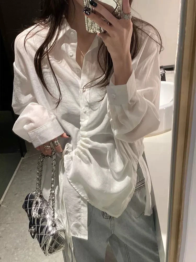 那简家7609 初春小众设计感侧绑带不规则百搭衬衫
