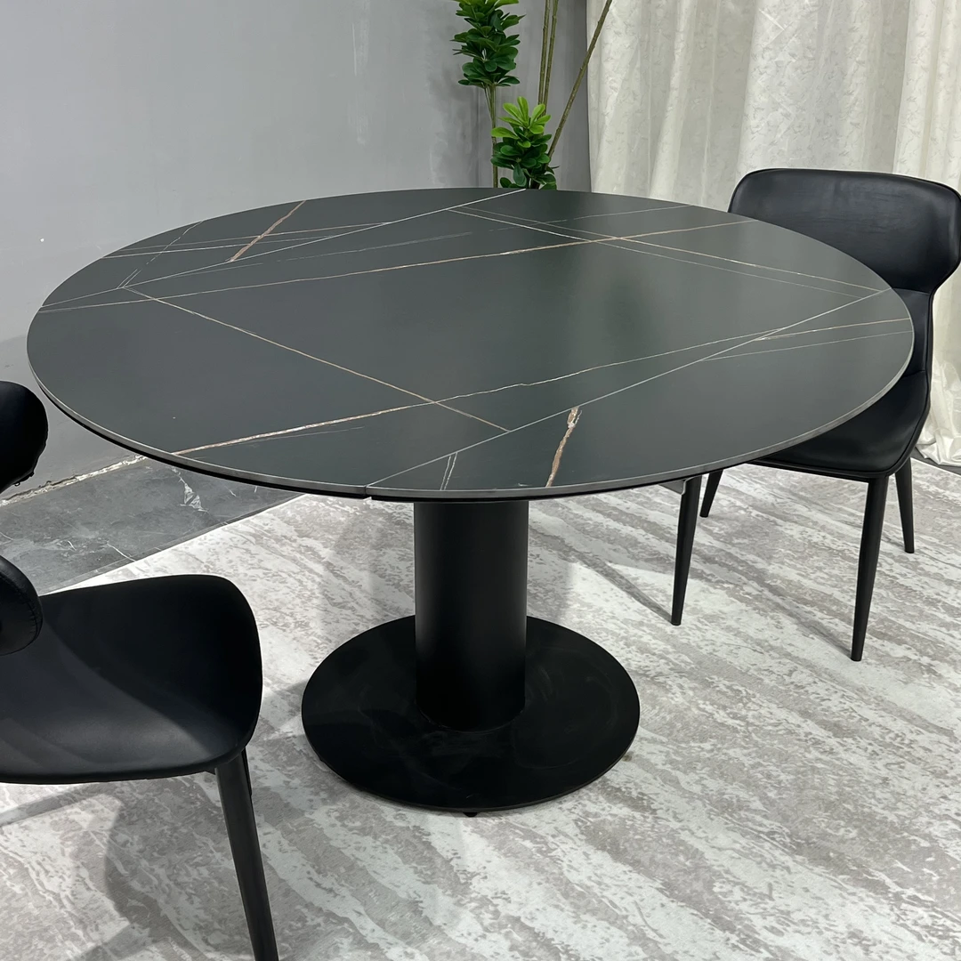 黑色岩板餐桌可变圆桌现代简约家用小户型方圆两用伸缩圆餐桌