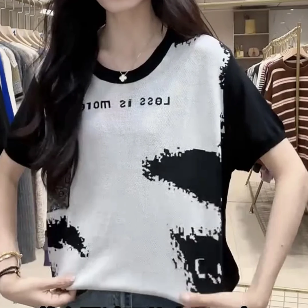 女装韩版时尚短袖圆领宽松提花印花夏季拼接不起球5115