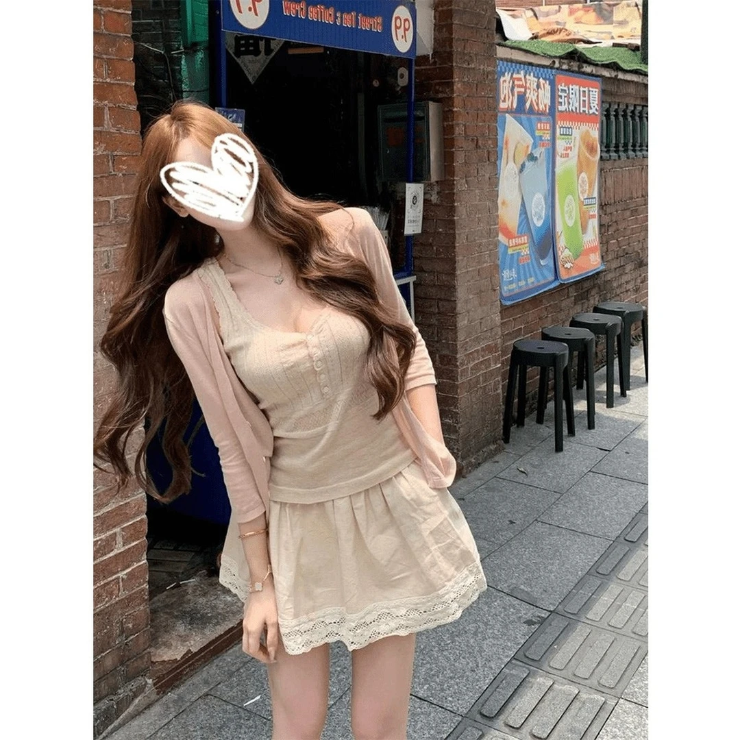 韩系温柔风修身开衫+提花镂空针织背心套装女设计感2025早秋新款