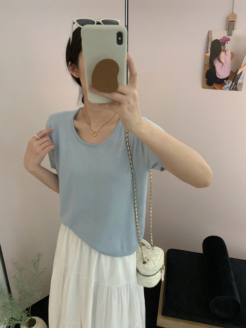 米朵 夏季u领短袖t恤气质韩版薄款针织设计感