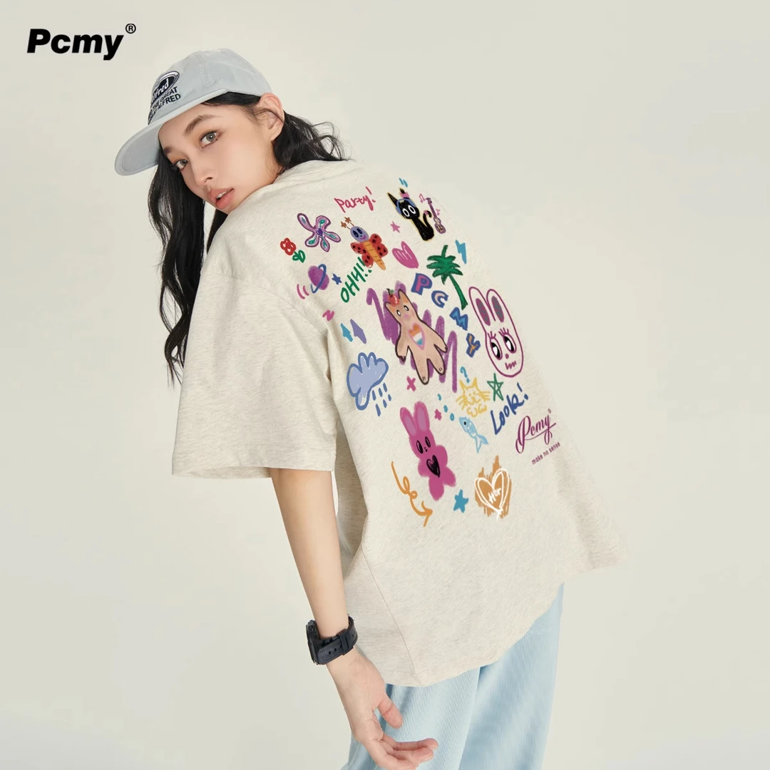 PCMY潮牌卡通涂鸦短袖T恤2025夏季情侣装重磅纯棉圆领休闲半袖男