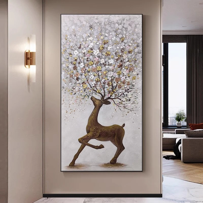 纯手绘油画【福禄】玄关装饰画过道走廊立体肌理挂画客厅沙发背景画