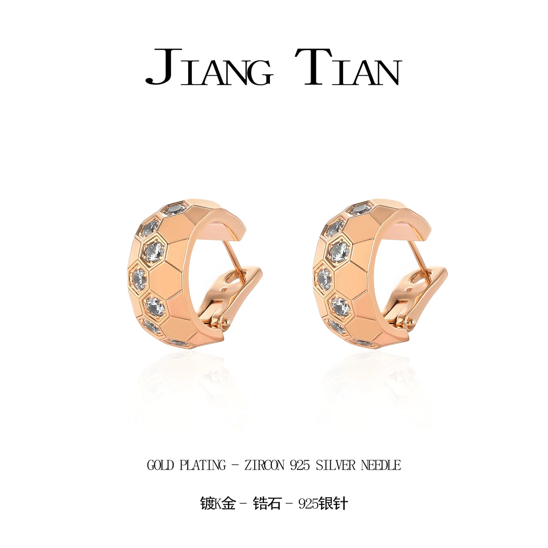 铜合金锆石耳饰 CNC精工 蜂巢宽版间钻耳环 3756