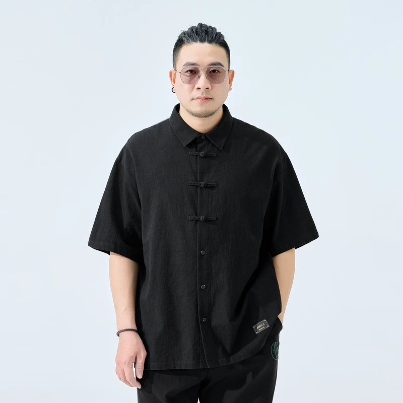 半墨大码男装宽松薄款新中式短袖衬衫夏季新款胖子男休闲上衣0362