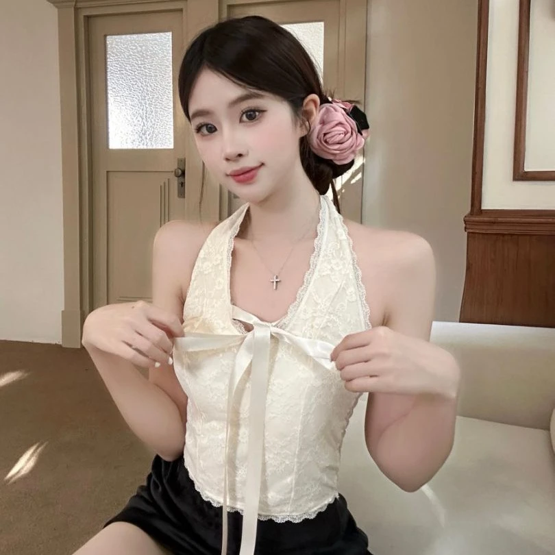 #新款结v领背心无袖吊带夏甜辣妹带胸垫挂脖一体显瘦内搭系带蕾丝