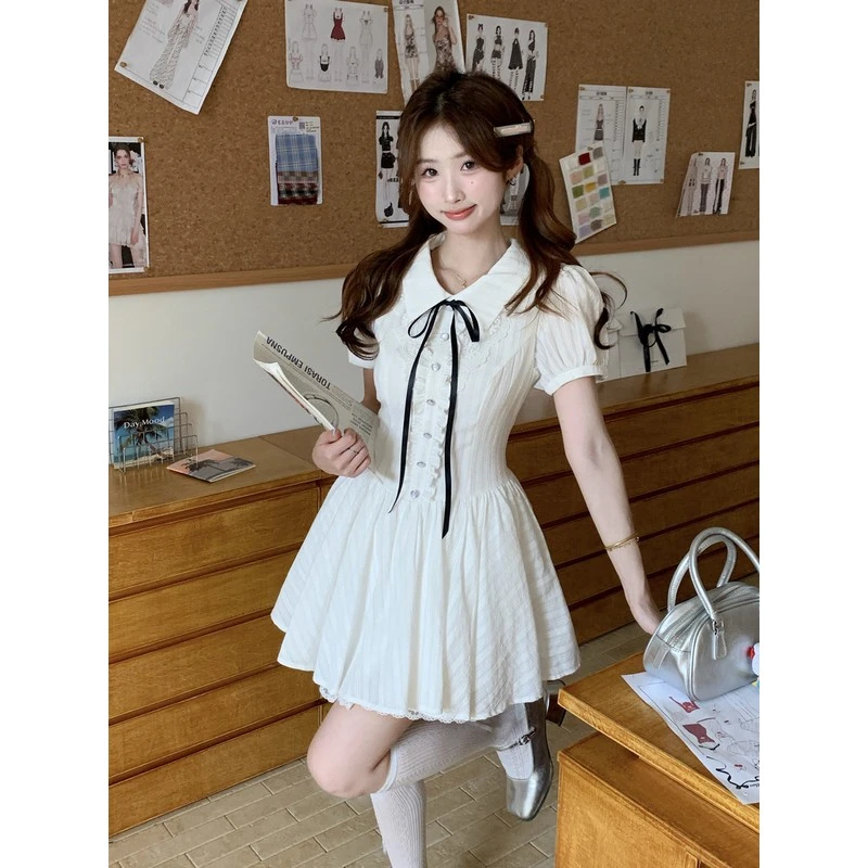 海雾星 夏日白茶 学院风夏季白色收腰甜美短袖泡泡袖连衣裙女