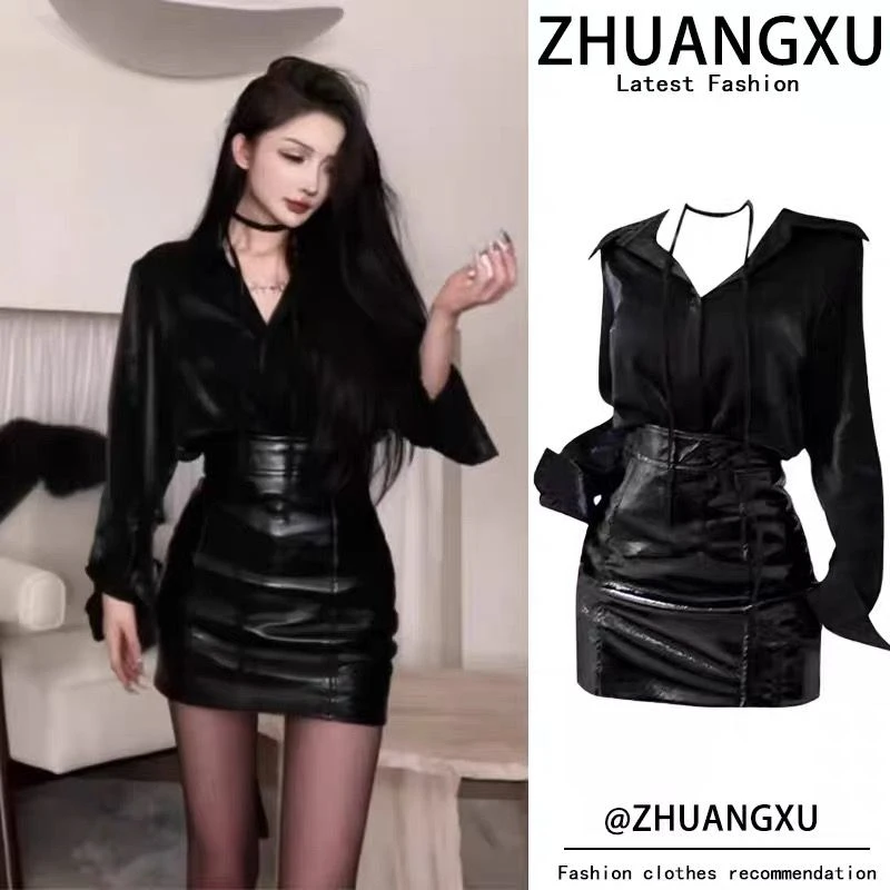 黑色衬衫轻熟风ootd酷飒女装一整套2025洋气减龄御姐套装高级感春