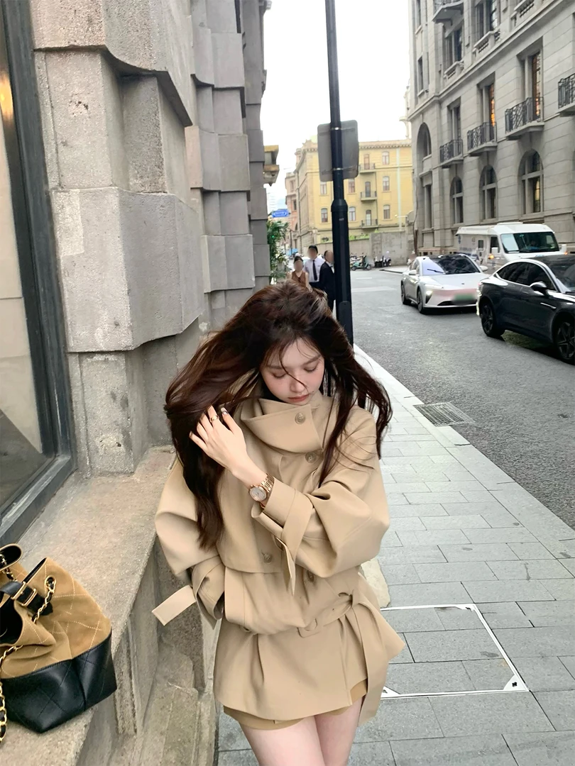 女作家秋日vintage~韩系浪漫经典大翻领收腰短款风衣外套女