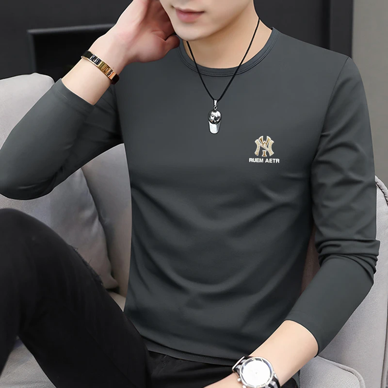 2025年秋冬新款圆领莫代尔长袖男士修身T恤内搭中老年保暖上衣服