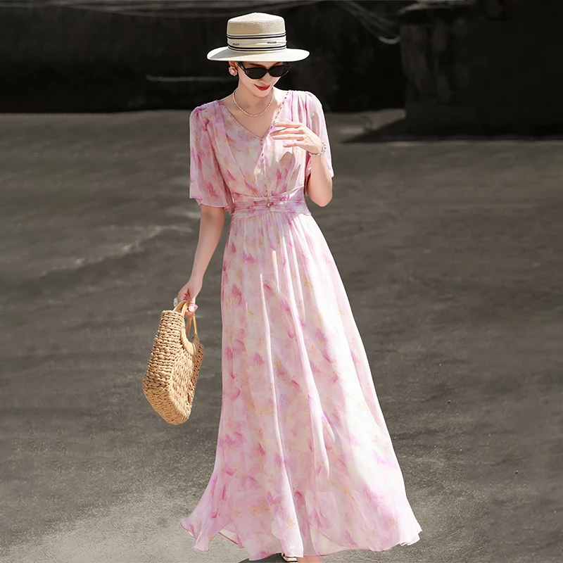 MEXCOCO/兰瑟儿夏季新款气质V领钉珠打揽收腰印花连衣裙105XL2979