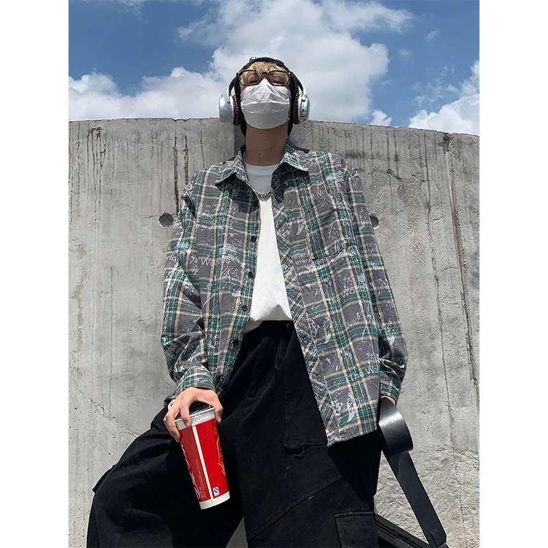 美式复古扎染格纹长袖衬衫男秋季宽松百搭潮流慵懒风休闲衬衣外套