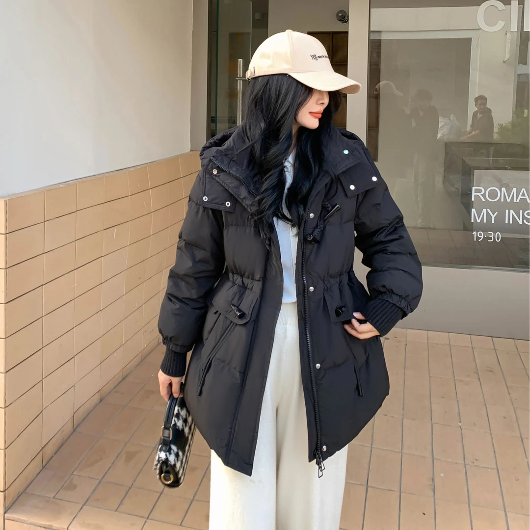 新国标白鸭绒韩版牛角扣羽绒服女中长款2025新款冬装收腰百搭加厚