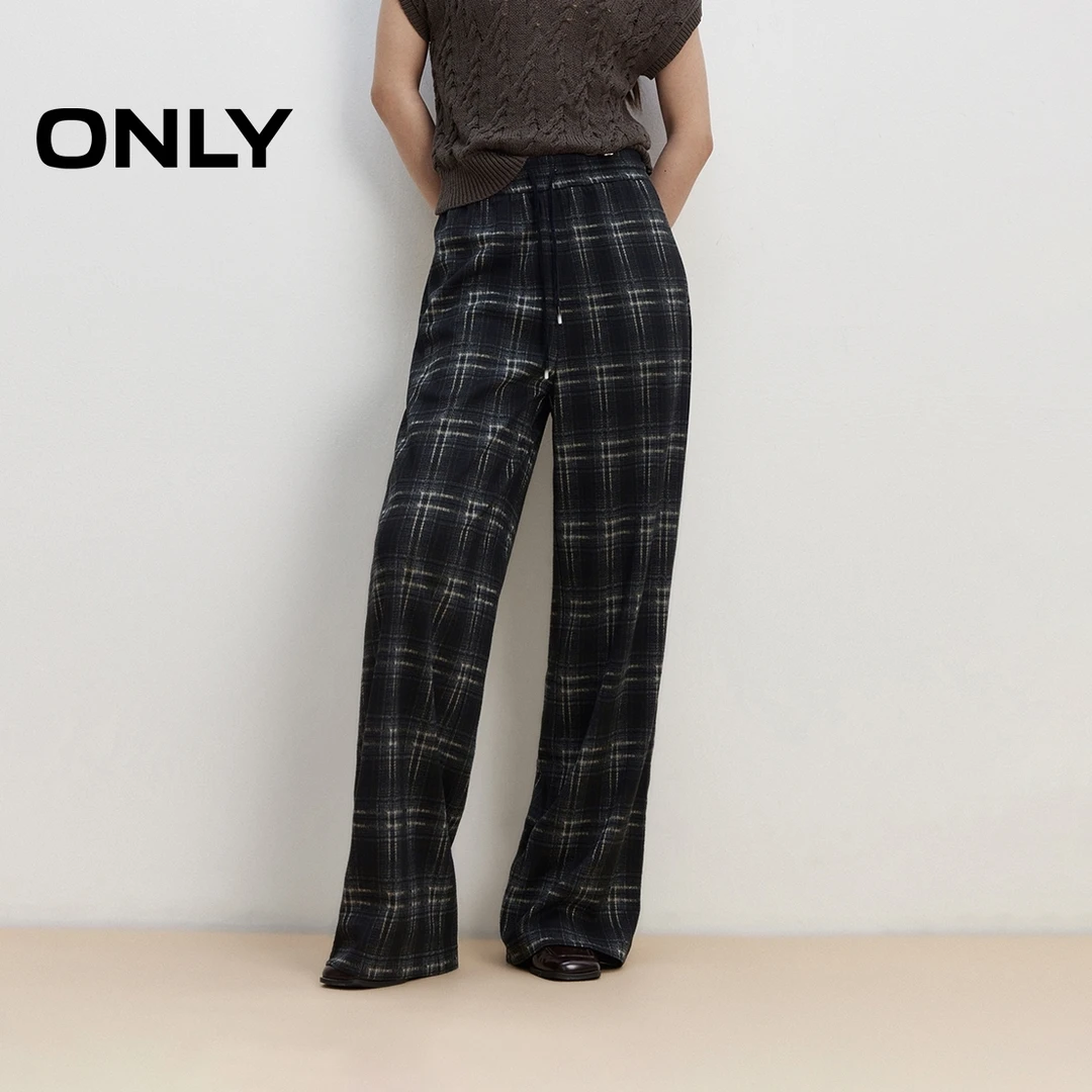 ONLY2025秋季新款复古英伦风格纹针织直筒裤休闲裤女|125314022