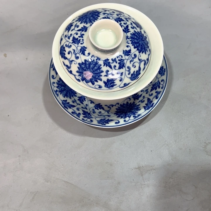 山***峰瓷片白青花缠枝莲元宝盖碗全品