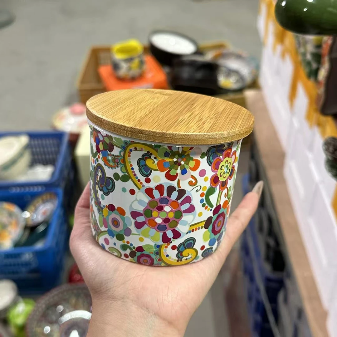 腰果花密封罐木盖陶瓷收纳罐