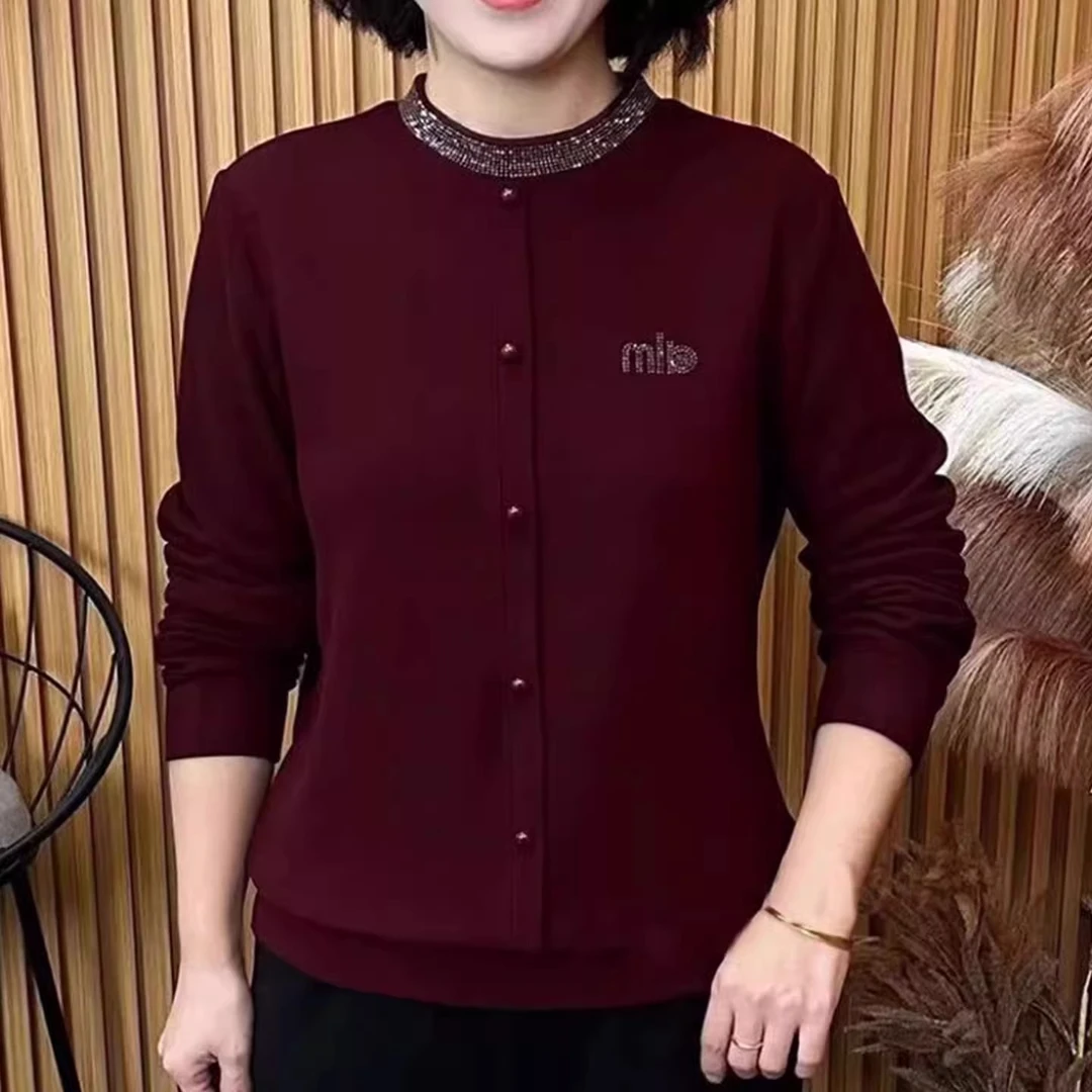 秋冬款中老年女装保暖圆领烫钻显瘦百搭洋气妈妈装长袖上衣9235#