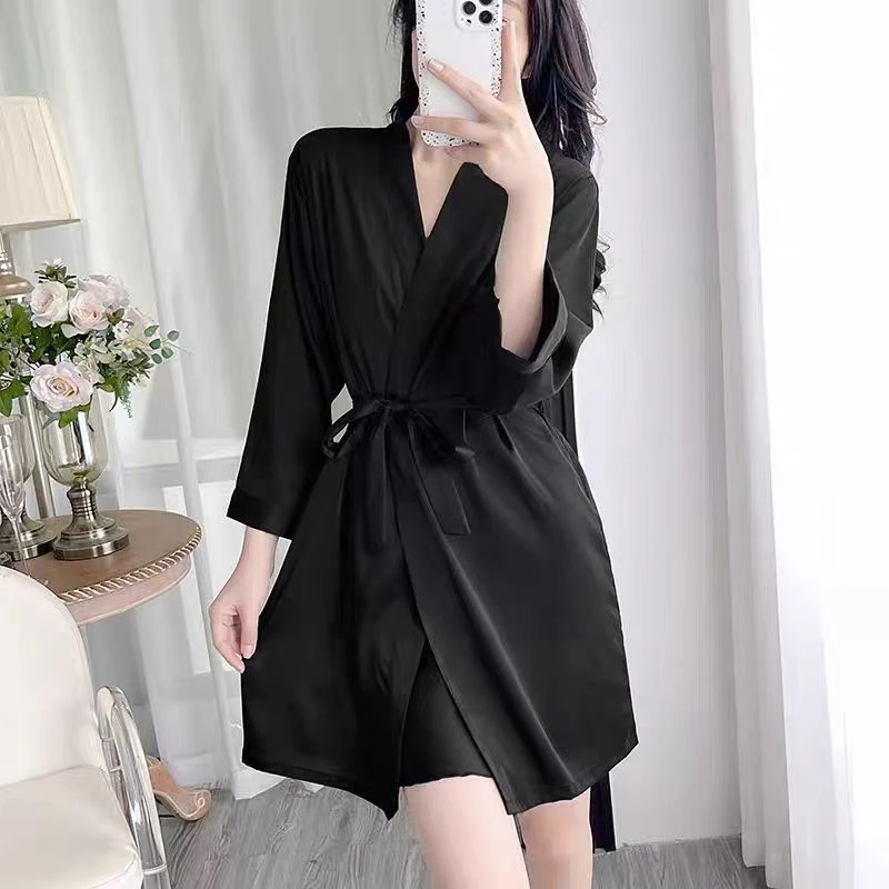 冰丝睡衣女新款长袖睡袍夏天纯欲风v领睡裙 800103