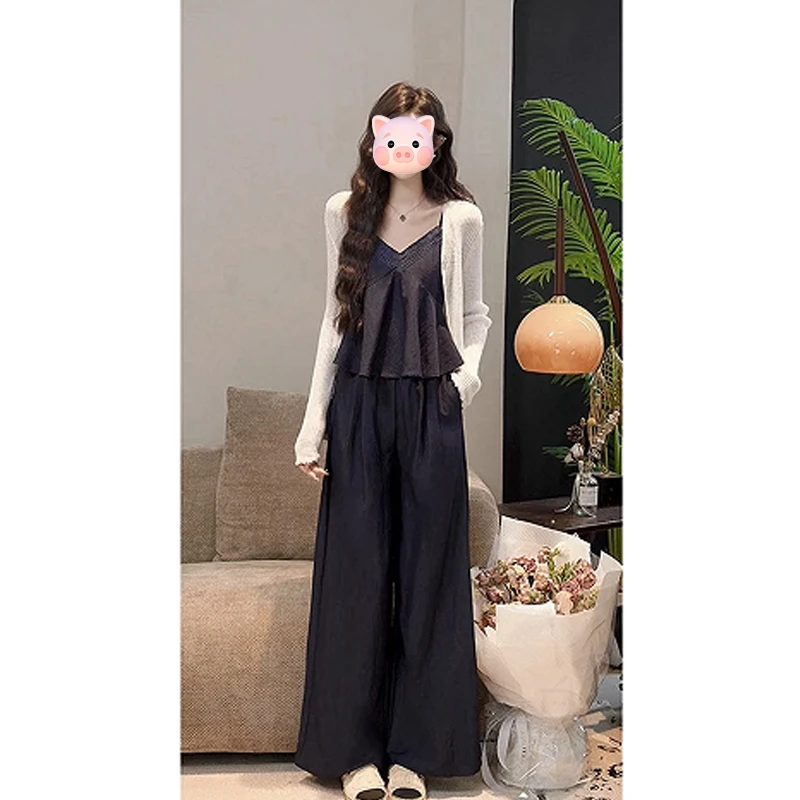 2025春季新款时尚气质复古减龄洋气吊带无袖上衣黑色阔腿裤两件套