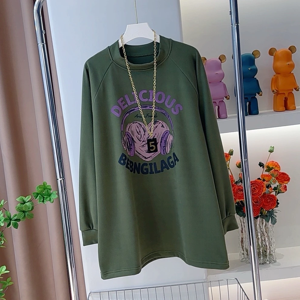 0318洋气爱心印花双面加厚加绒卫衣秋冬宽松中长款长袖休闲打底衫