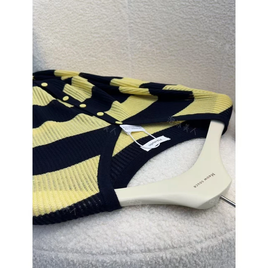 新款拼色针织开衫毛衣V领长袖宽松条纹百搭显瘦上衣外套