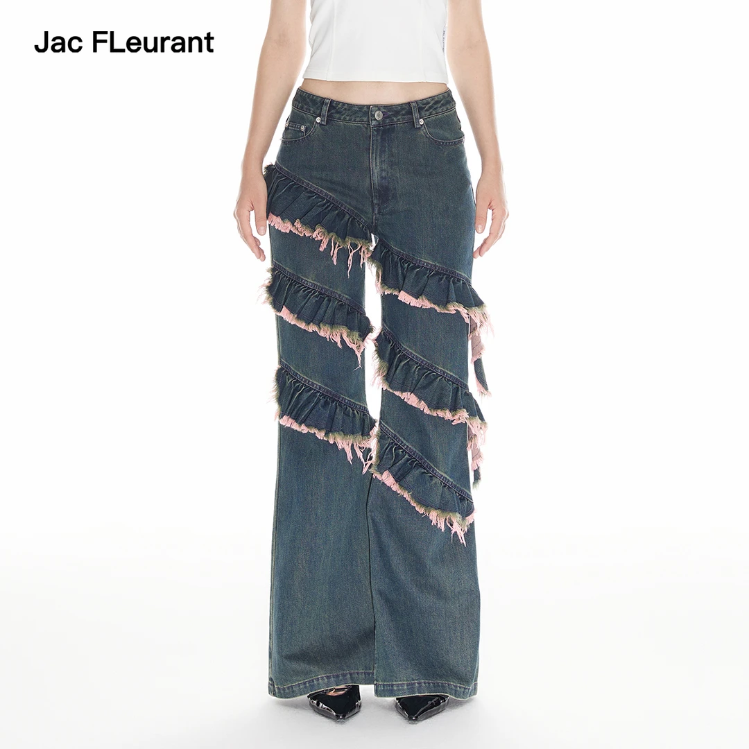 JAC FLEURANT新品蓝粉水洗荷叶边飘带做旧复古牛仔裤