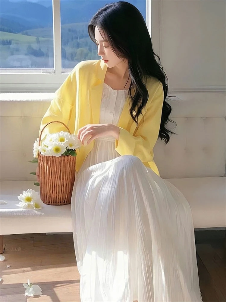 开春穿搭一整套女韩系百搭温柔风开衫外套超仙漂亮背心连衣裙套装