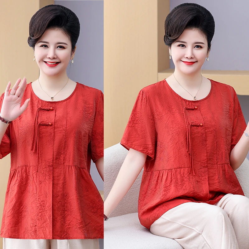 大码妈妈装夏季圆领新款短袖衬衫洋气中老年女气质上衣显瘦套装