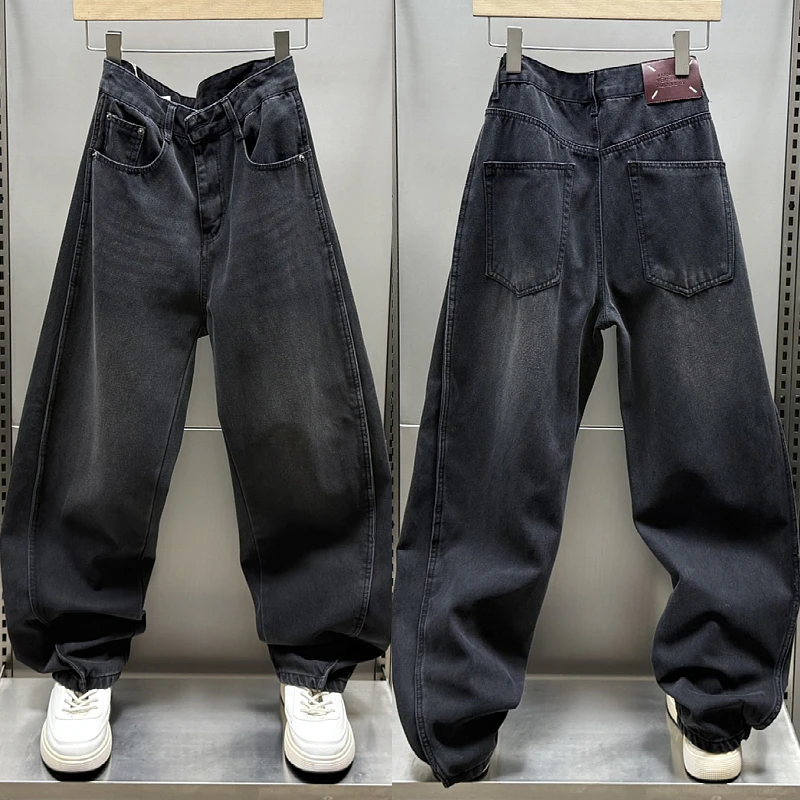 2025春季新款美式复古牛仔裤男士潮流韩版拼接百搭直筒长裤阔腿裤