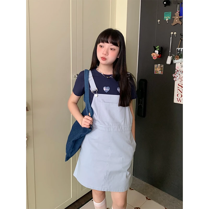 嘿山姥姥灰蓝色背带裙女夏2025新款学院风小个子宽松显瘦中长裙