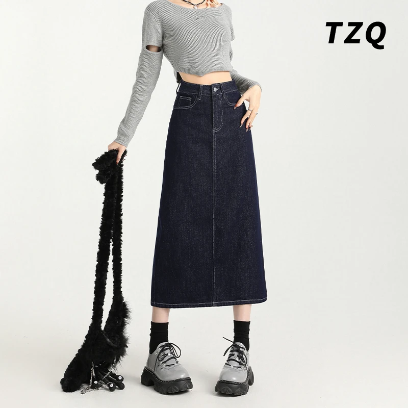 美式开叉牛仔半身裙女春秋新款显瘦a字高腰包臀中长裙子TZQ123032