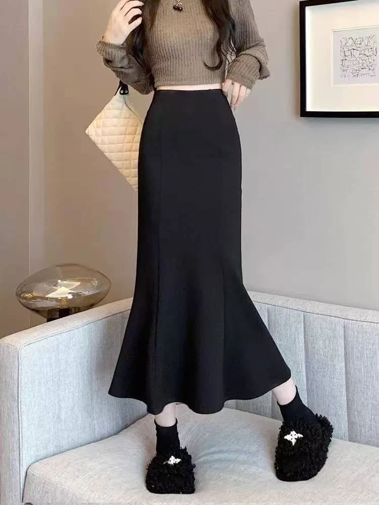 黑色开叉款女春秋2025新款高腰弹力显瘦中长款包臀裙半身裙