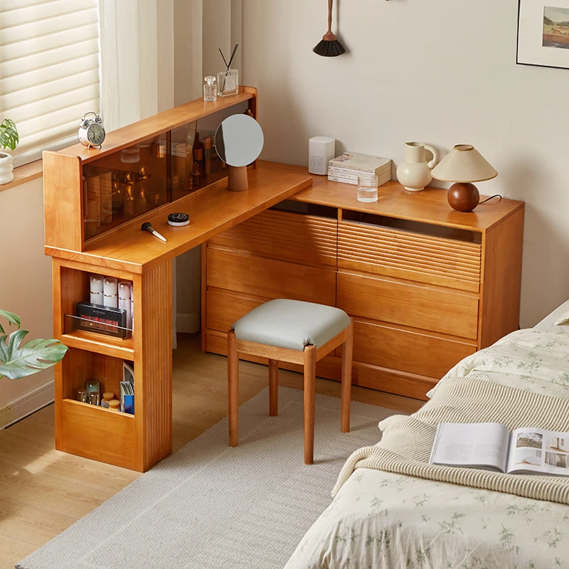 家用全实木梳妆台斗柜一体樱桃木色日式可伸缩书桌转角化妆台简约