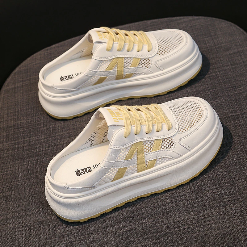 4.5cm包头拖女鞋子新款夏季薄款网面透气镂空百搭厚底增高半拖鞋