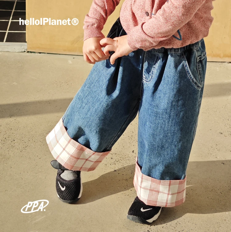 ppapa 水洗斜纹牛仔九分裤儿童休闲裤拼接格子 713158