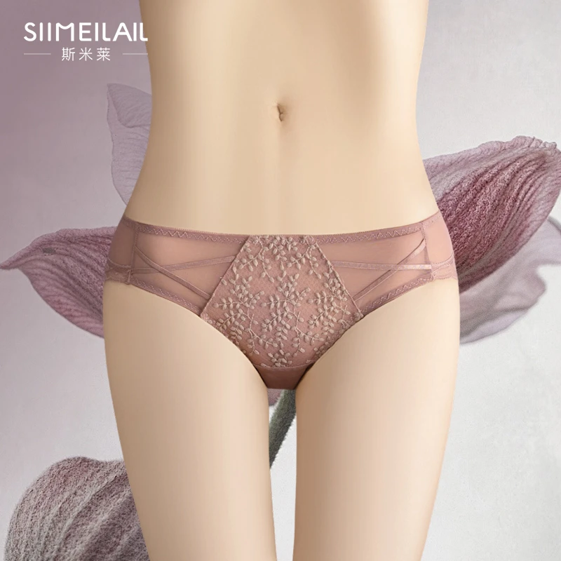斯米莱低腰蕾丝内裤女时尚新品拼接网纱性感法式三角短裤纯欲风