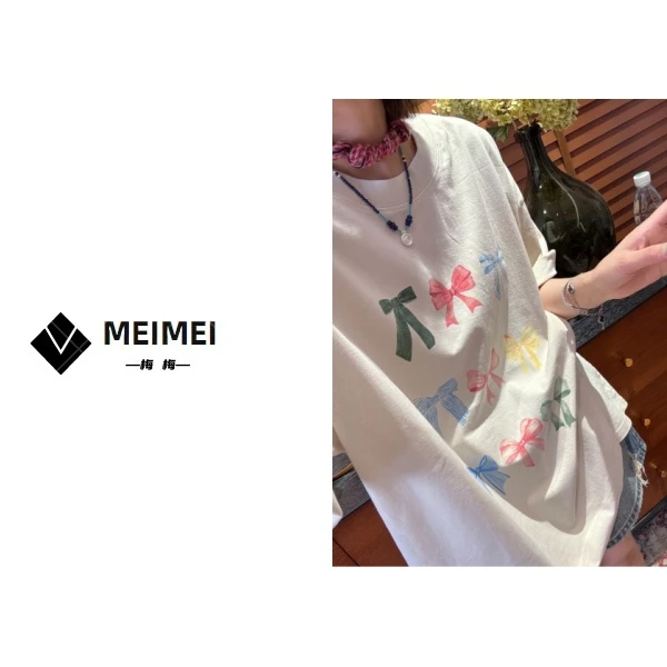 XMM【蝴蝶结炒色短袖T】时尚百搭休闲春夏宽松中长款圆领纯棉GZ8393