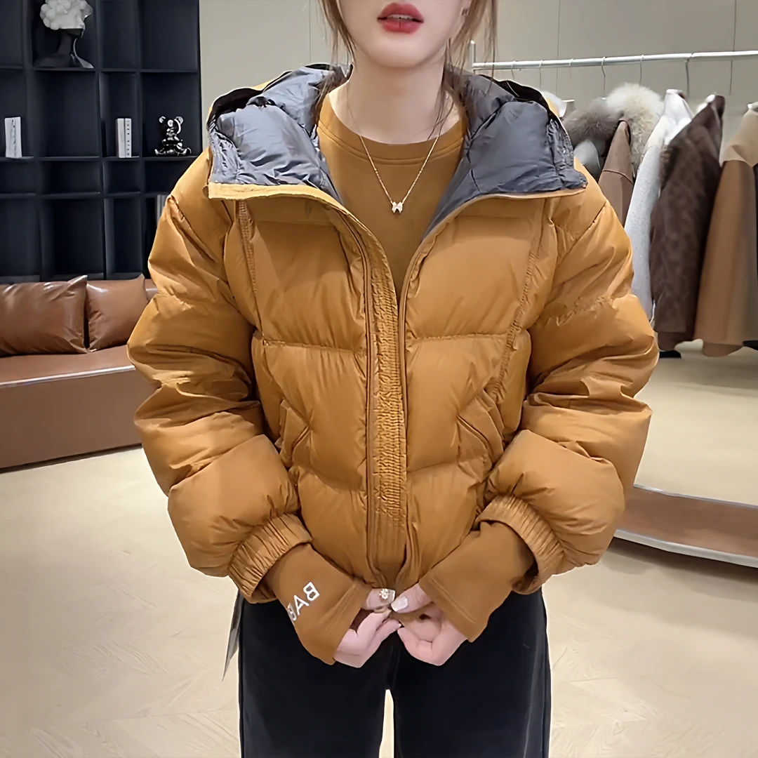 韩系时尚连帽短款长袖棉服女2025冬季新款加厚保暖宽松面包服外套