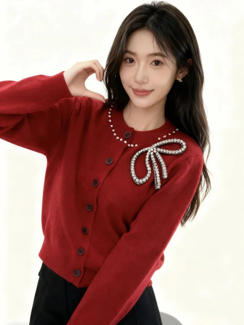 高版本2025针织衫甜酷蝴蝶结圆领修身显瘦毛衣小众开衫新款上衣