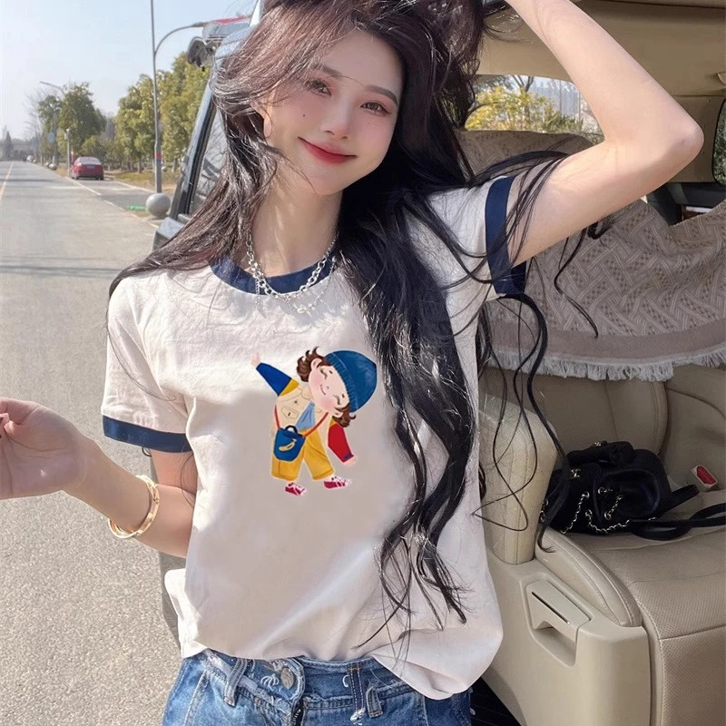 胖mm300斤女夏季上衣韩版洋气撞色拼接短袖t恤女正肩圆领宽松半袖