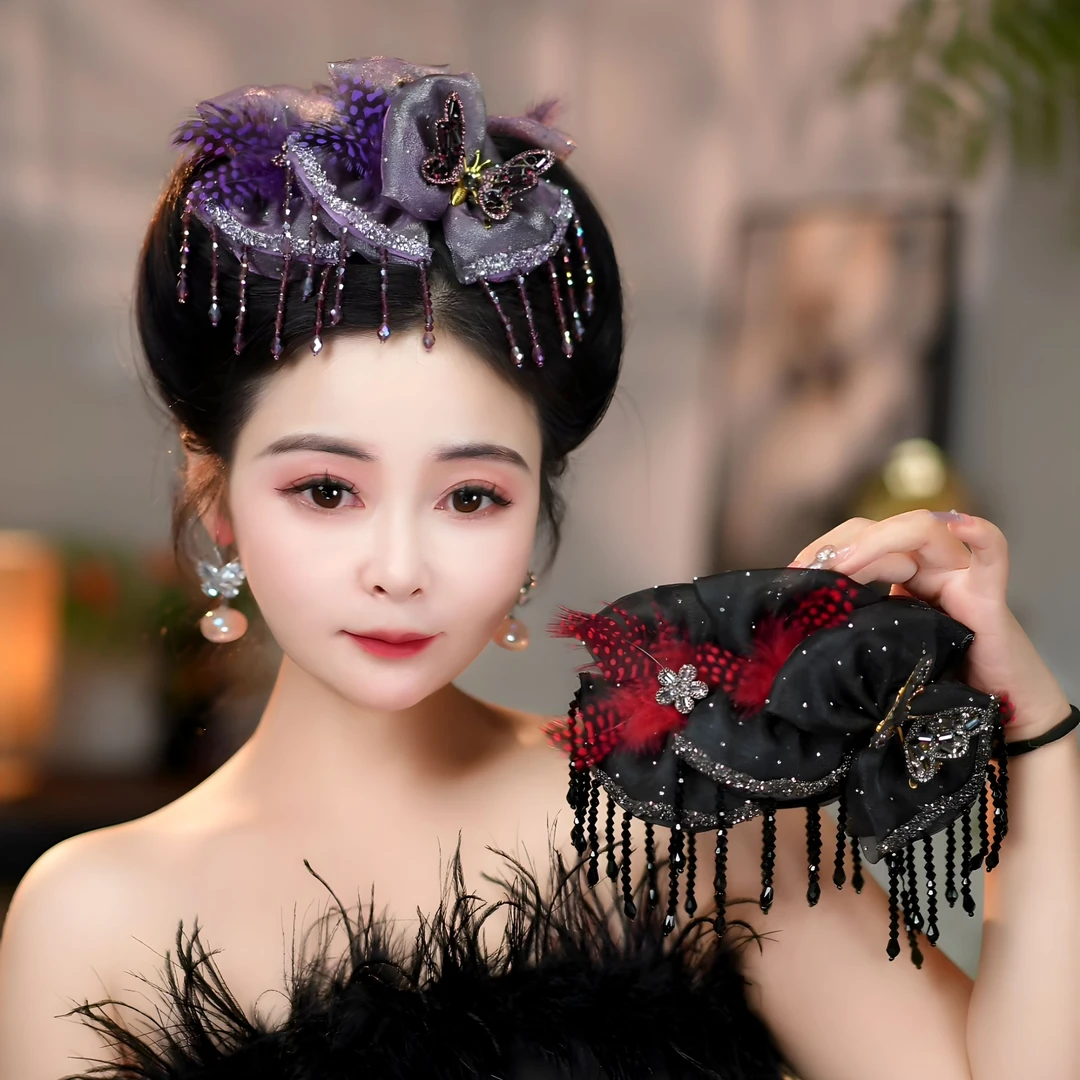 （羽翼精灵）蝴蝶结羽毛水晶流苏抓夹在逃公主盘发鲨鱼夹女头饰发夹