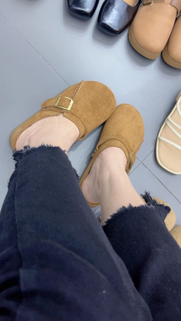 包头拖浅口修面皮包头软底平底鞋春季方头百搭休闲网红夏季