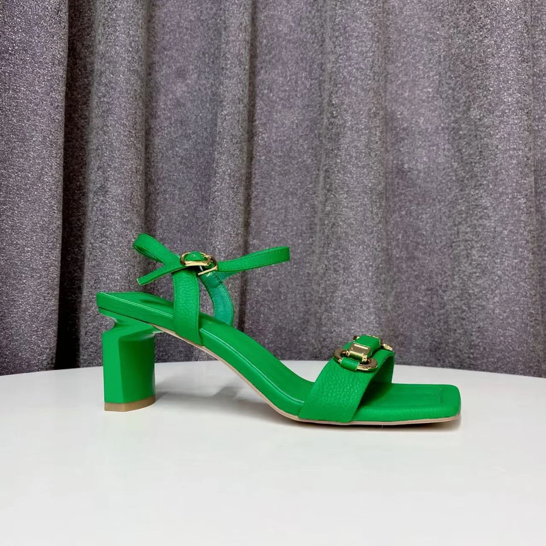 C6510 绿色  夏季新款2025新款舒适粗跟露趾时装女凉鞋