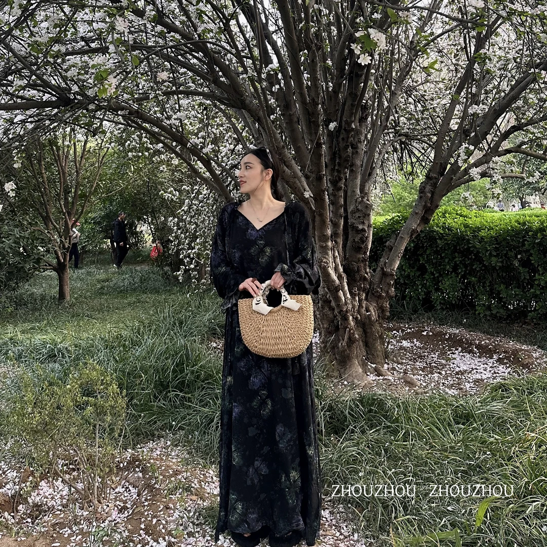 新品夏装收腰中长袖碎花印花棉绸睡裙显瘦宽松连衣裙法式气质