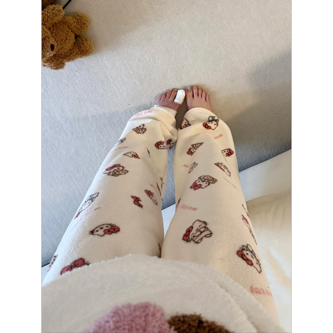韩版甜美kitty猫睡裤女秋季新款加厚保暖长裤休闲阔腿裤子可外穿