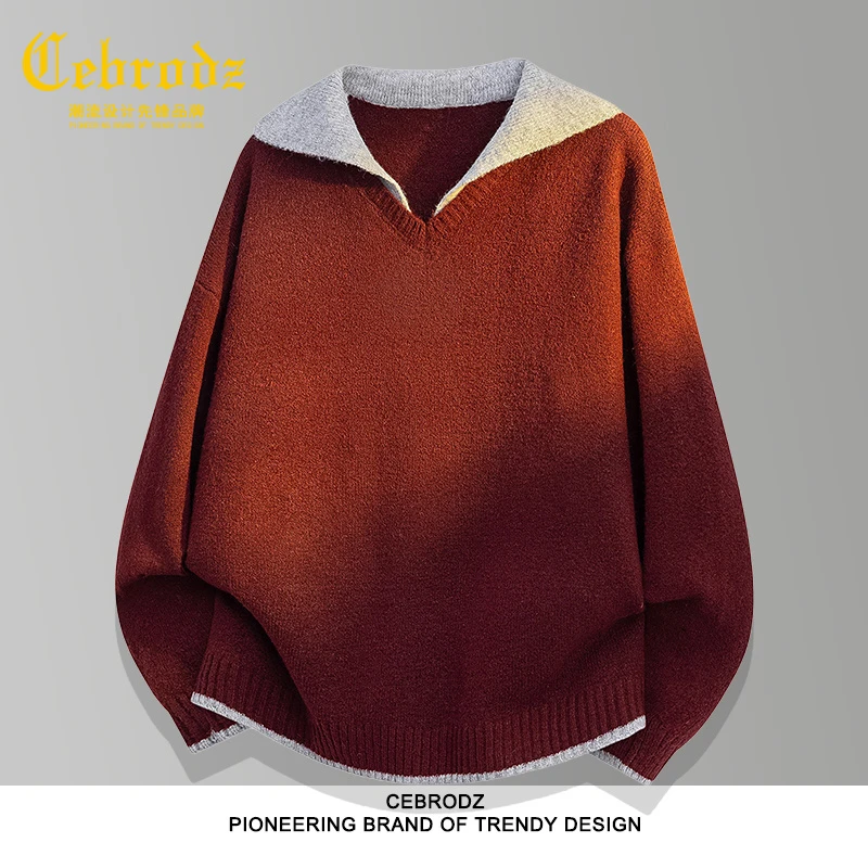 法国Cebrodz复古假两件翻领毛衣男秋冬2025新款商务针织衫外套
