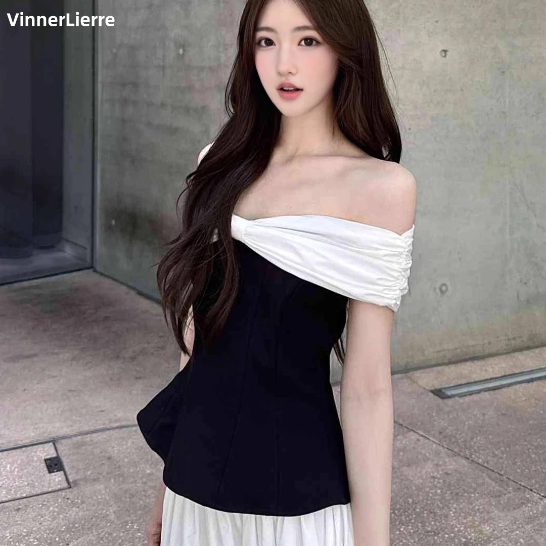 薇妮诺法式绝美气质一字肩撞色修身上衣半裙女装新款休闲两件套